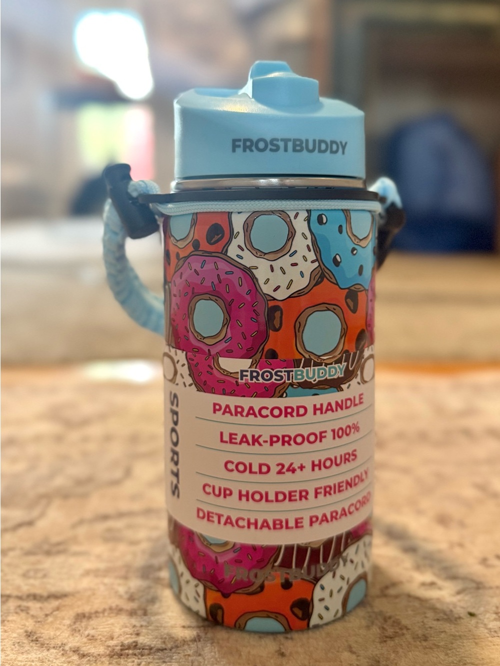 FrostBuddy Donut-Print Insulated Water Bottle - Light Blue Accents
